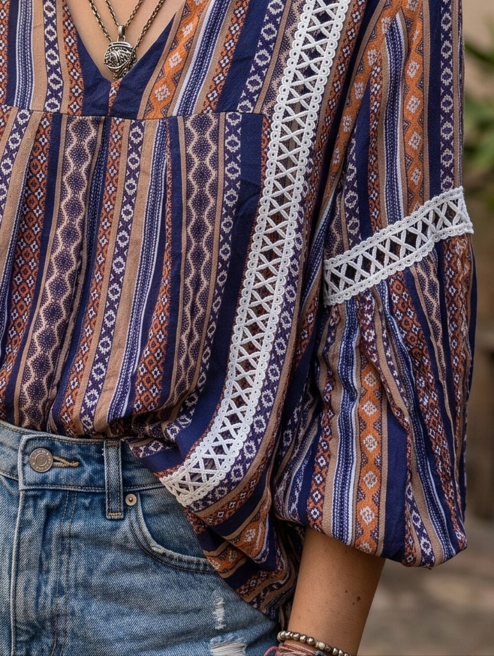 Boho Peasant Tunic Top Crochet Lace Handkerchief Hem Striped Aztec